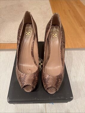 Vince Camuto Brown Snake-Print Peep-Toe Pumps